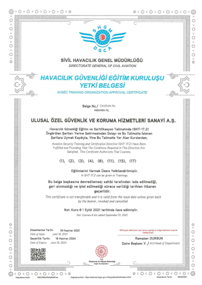 Ulusal Özel Güvenlik Havacılık Güvenliği Eğitim Kuruluşu Yetki Belgesi